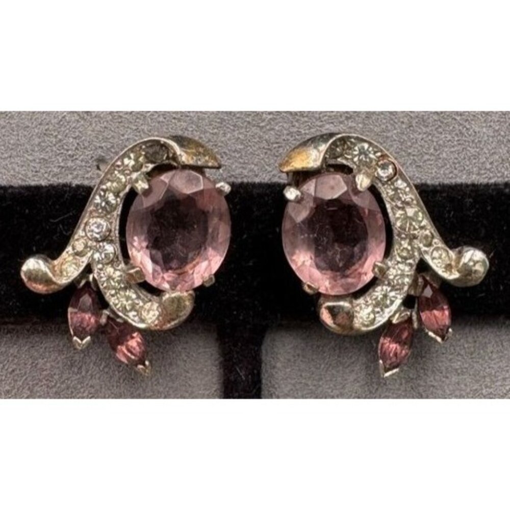 Vintage Mazer Jomaz Sterling Clip Earrings Purple Clear Rhinestones